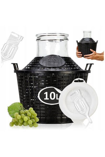 SuperButelki Set Damigeană Sticlă, 10 l, Transparentă, Gură Largă, Coș Negru,...