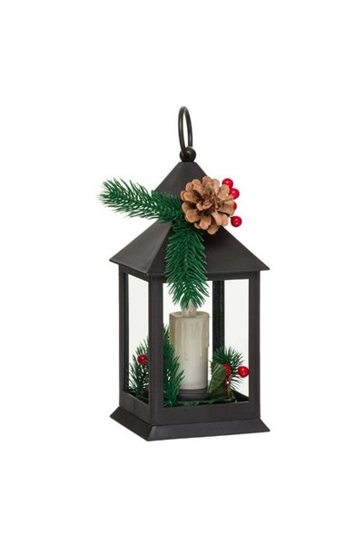 SHOPIENS Felinar Decorativ Craciun Negru Lumanare LED Creanga Brad Conuri 23c...
