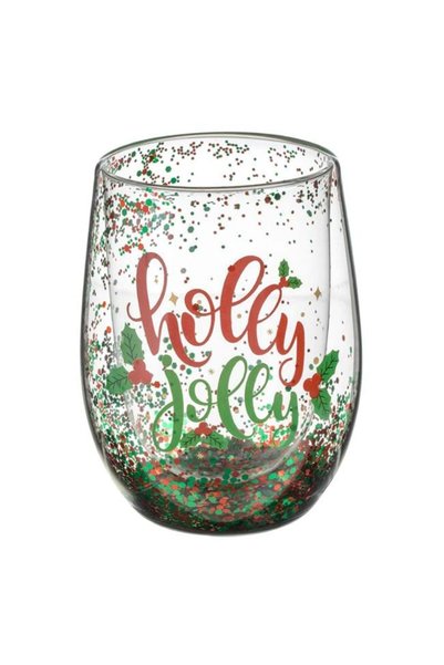 SHOPIENS Pahar Craciun Sticla Perete Dublu Confetti Rosu Verde Holly Jolly 33...