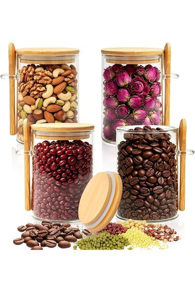 urevo Glass jars with bamboo lids and spoons, 6 pieces transparent airtight g...