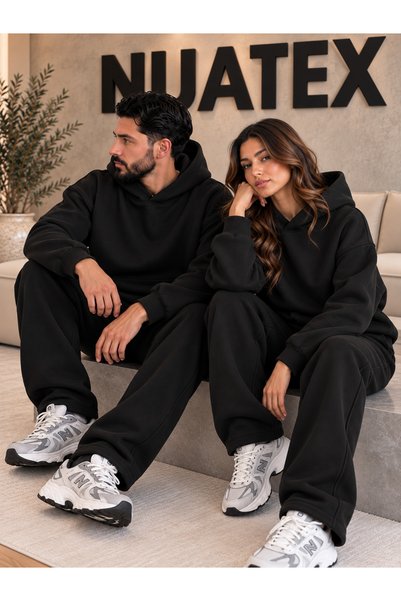 NUATEX 3 Threaded Premium Baggy Fit Hooded Sweatshirt with Kangaroo Pocket Oversize Unisex Tracksuit Set