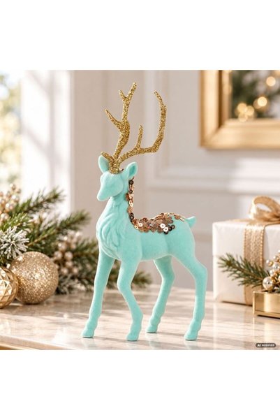 SHOPIENS Ren Decorativ Craciun Verde Catifelat 21.5cm Figurina Decor Masa Sar...