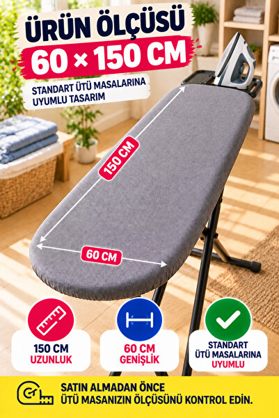 OpenCity Büyük Gri Ütü Masası Kılıfı 60x150 cm Keçeli Bağcıklı Ütü Bezi Örtüsü Pratik Kullanım Yedek Kılıf
