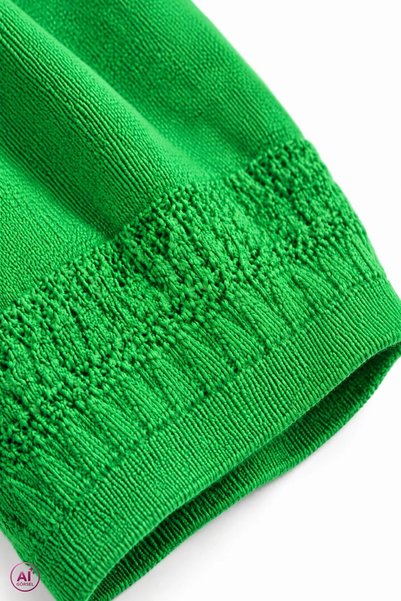 Bİ.GİYSEN Women's Green Large Size Boat Neck 100% Cotton Thread Knit Thin Knitwear Blouse with Openwork Sleeves and Hem