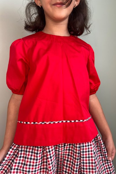 Masnu Çocuk Girl's Cotton Gingham Midi Skirt Short Sleeve Blouse Set
