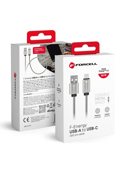 Forcell F-Energy Metal C234 Καλώδιο USB A σε Type C QC4.0A 3A 66W 2 μ. ασημί