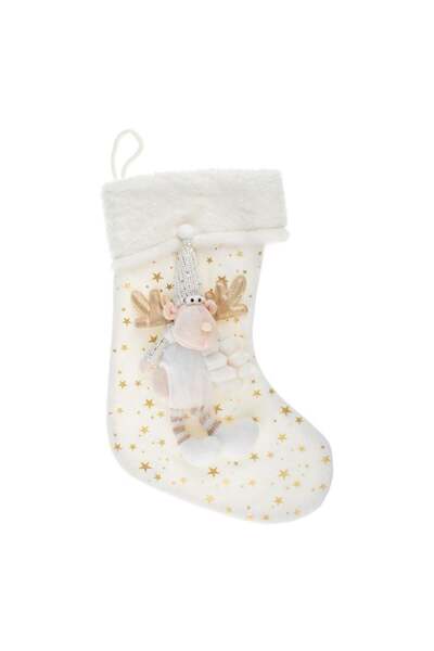 SHOPIENS Cizmulita Decorativa Craciun Alba Catifelata Ren 3D Aripi Aurii Blan...