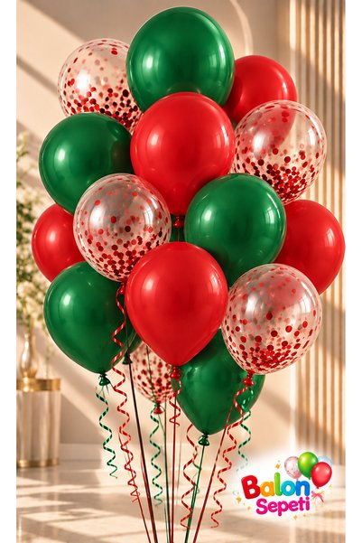 HBK Balon Sepeti 5 Adet Metalik Koyu Yeşil 5 Adet Kırmızı Lateks Balon 5 Adet...