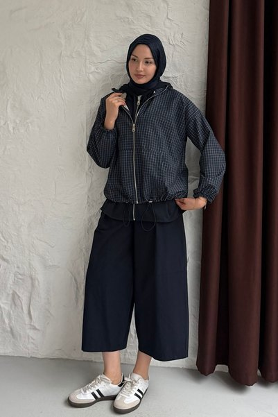 Modaensarbutik Kapüşonlu Ekose Garnili Bomber Ceket-LACİVERT