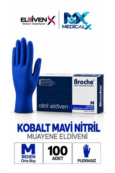 Medicalx Broche Kobalt Mavi Nitril Pudrasız Muayene Eldiveni 100’lük Kutu (Medium/Orta Boy)