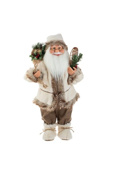 OEM Figurină decorativă Moș Crăciun cu blană artificială ecru-maro și schiuri...