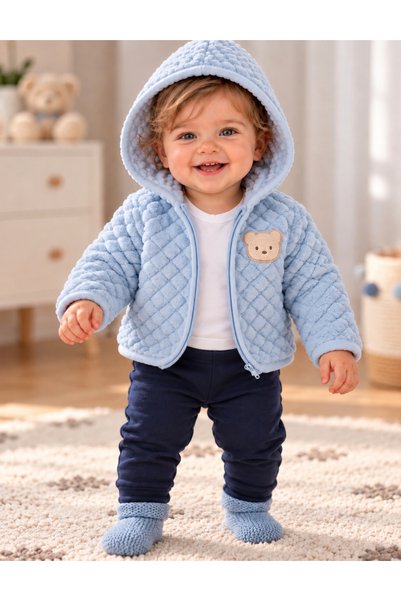 MOVAMIR BABY Baby Jacquard Welsoft Hooded Zippered Long Sleeve Cardigan (Order One Size Larger)