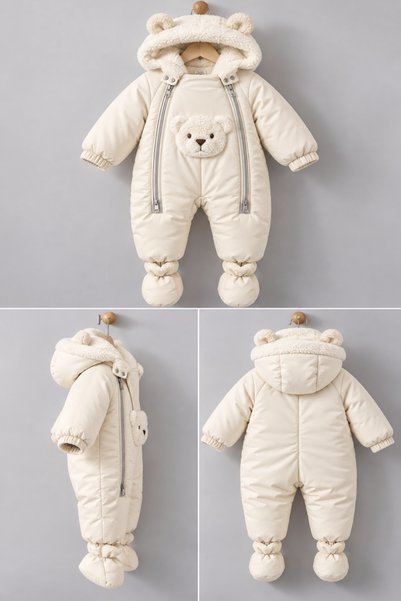 DeKuBaby Sevimli Ayıcık Figürlü İçi Peluş Kapüşonlu Eldivenli Kışlık Çocuk Kız Erkek Bebek Astronot Tulum Kozmonot Mont