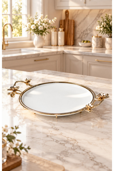 Hinora Home Round Ceramic Presentation Tray with Floral Detail on the Edge, D...