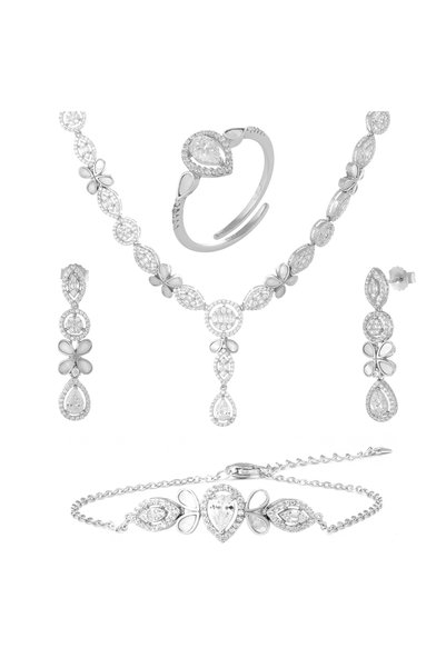 Sonis Silver Set din argint 925 rodiat (colier + brățară + cercei + inel) cu ...