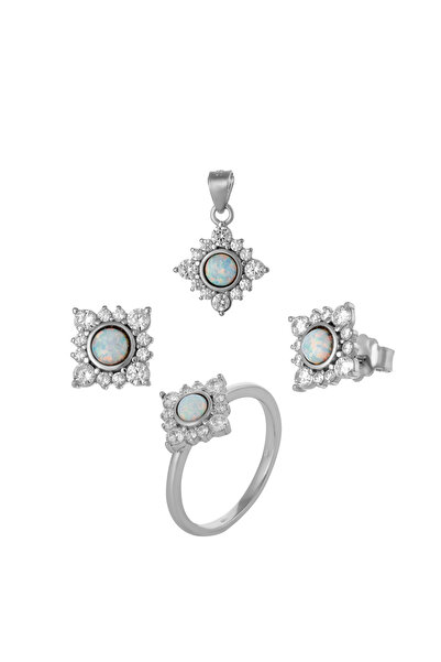 Sonis Silver Set din argint 925 rodiat (cercei + pandantiv + inel) cu opal de...