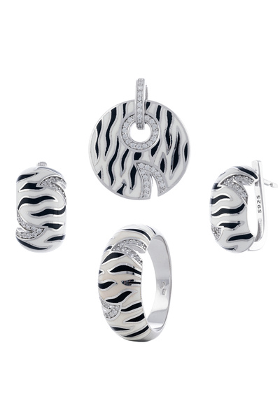Sonis Silver Set din argint 925 rodiat (cercei + pandantiv + inel) cu email ș...