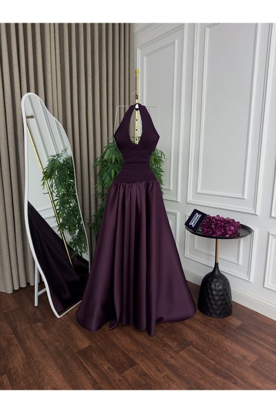 Lauren Luxurious Evening Gown with Chiffon Bodice - Mikado Cloche Skirt with Train - Elegant Purple Halter Neck Design