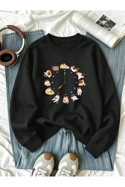 OVER HEAD Unisex Cat Figured Clock Printed Bicycle Collar Sweatshirt