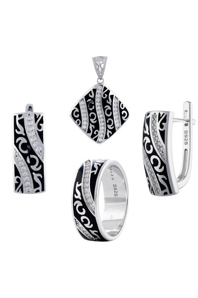 Sonis Silver Set din argint 925 rodiat (cercei + pandantiv + inel) cu email ș...