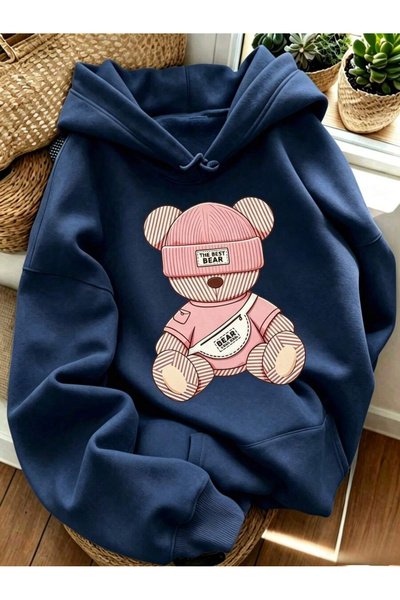 OVER HEAD Women's the Best Bear Printed 3 Thread Oversized Hoodie Sweatshirt