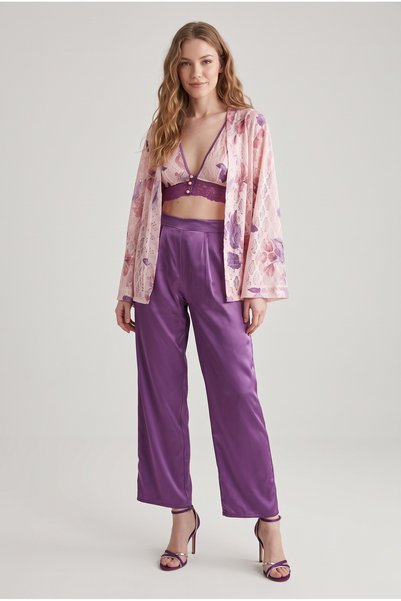 fevien Women's Purple Floral Patterned 3-Piece Set - Kimono, Bralet and Trous...