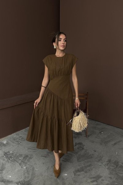 Şeker Portakalım Brown Ruched Detail Linen Dress