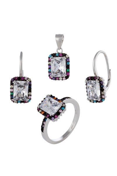 Sonis Silver Set din argint 925 rodiat (cercei + pandantiv + inel) cu zirconi...
