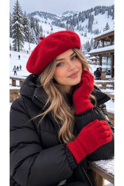 HAZAL KAYA ATELIER Red Soft Textured Feathered French Painter Beret and Glove...