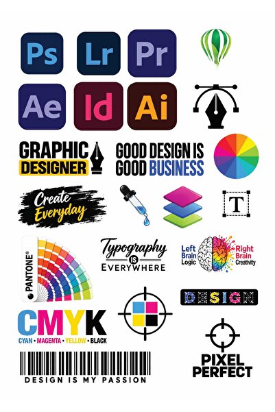 ca kay bu Grafik Tasarım Temalı Sticker Seti – 2 Sayfa Renkli Tasarımcı ve Dosya Formatı Çıkartmaları