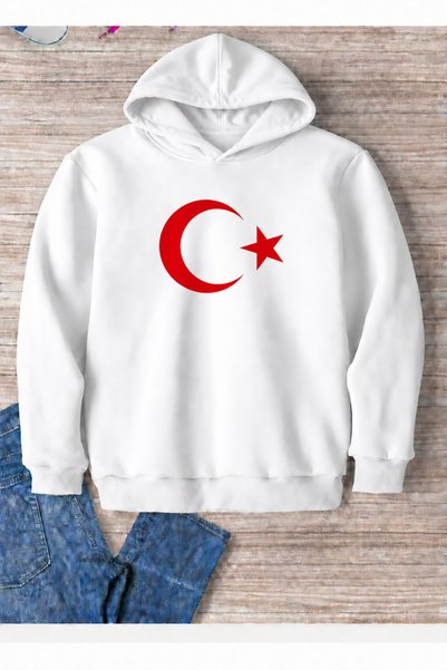 VODEXA سويت شيرت بقلنسوة مطبوع عليه AY YILDIZ هوديي للجنسين مقاس كبير 100% قطن