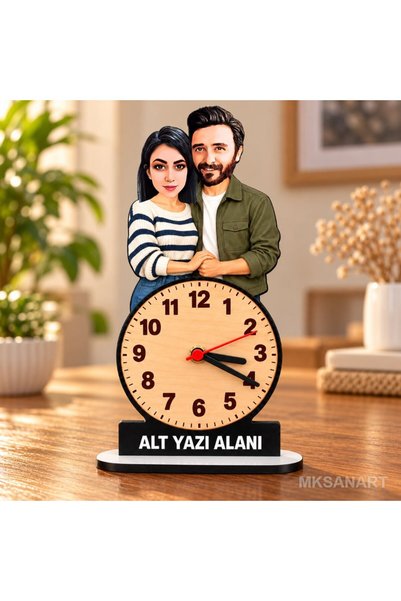 MK Sanart Fotoğraftan Kişiye Özel Çift Karikatürlü Dikey Masa Saati Sevgilile...