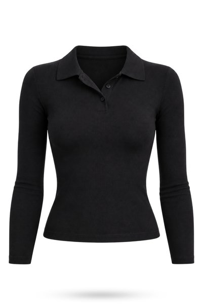 5in1Canpolat Black Polo Collar Long Sleeve Modal T-Shirt 4408