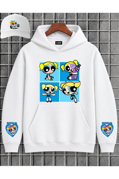 lovver Powerpuff Girls Themed Blossom, Bubbles, Buttercup Character Premium Printed Women's Sweatshirt Hat Set