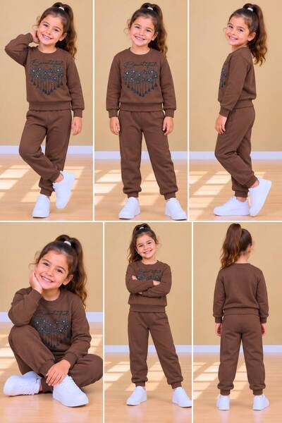 wees mod Kız Çocuk Eşofmanı Takımı Çiçek Baskılı Sweatshirt Alt Üst 2'li Takım