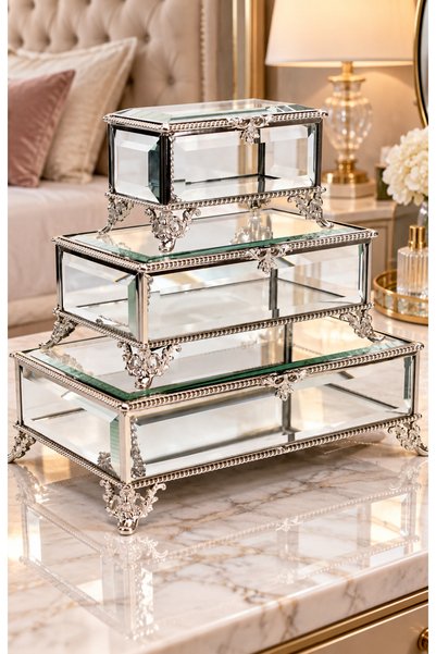 Hinora Home Set of 3 Mirrored Glass Rectangular Jewelry Boxes 12X8X7-17X11X7-...
