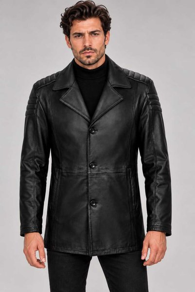 rendi collection Erkek Siyah Hakiki Deri Ceket Düğmeli Klasik Yaka Uzun Model...