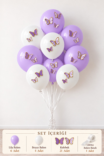 BalonArt 6 Lila 4 Beyaz Balon Seti 21 Kelebek 100'lü Bant Doğum Günü Parti De...