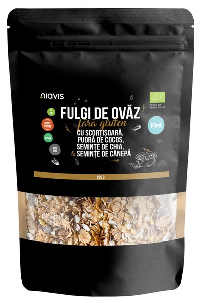 Niavis Fulgi de Ovaz Fini Fara Gluten cu Scortisoara, Pudra de Cocos, Chia si...