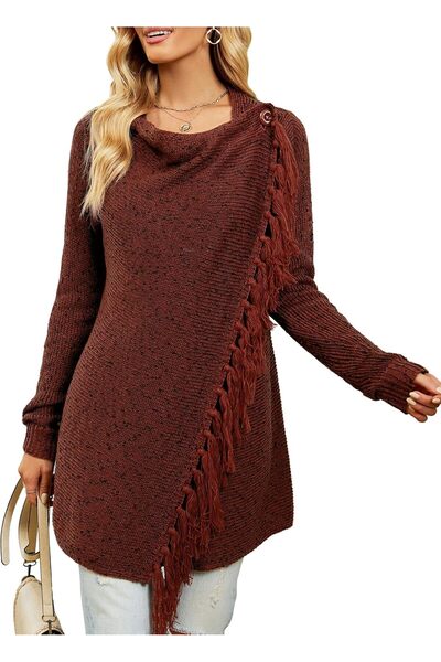 OtherMax Pulover cardigan lung pentru femei cu franjuri Casual Elegant Maro M