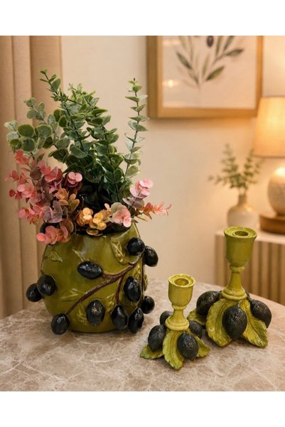 Zeytin Detay Vazo Şamdan set