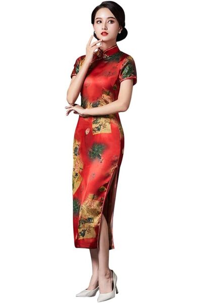 OtherMax Rochie Midi pentru Femei Tradițională Chinezească Qipao Elegantă Roș...