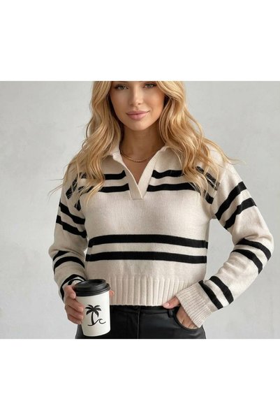 tülaybutik Women's Winter Polo Collar Striped Crop Sweater