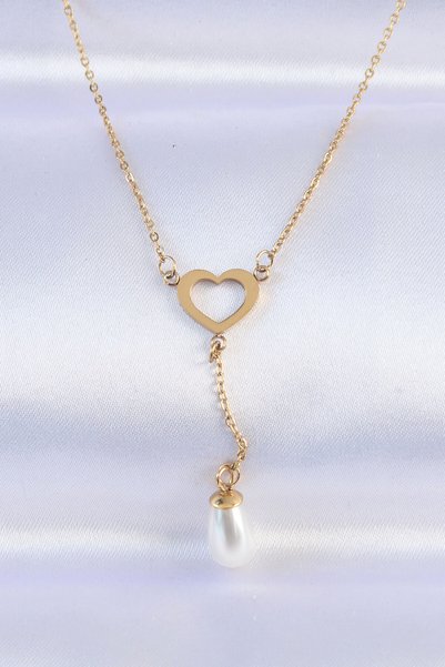 Angel Of Life 316L Steel Chain Gold Color Pearl Stone Detail Heart Necklace