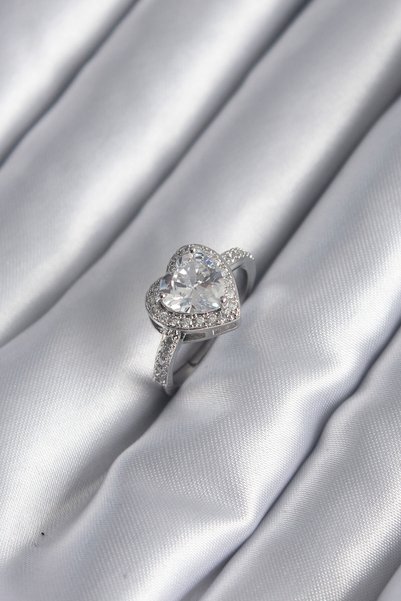 Angel Of Life Brass Silver Color Zircon Stone Heart Charm Model Women's Ring