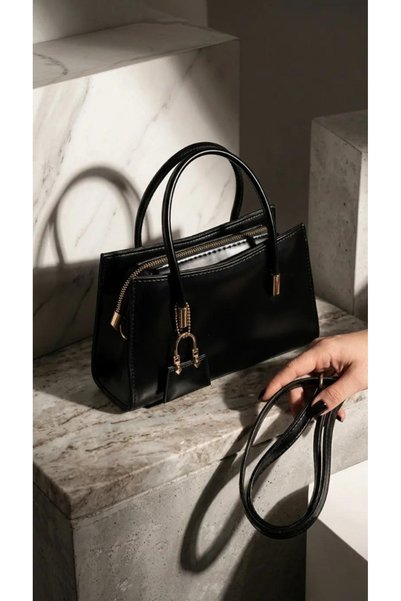 Angel Of Life Black Patent Leather Look Women's Handbag and Crossbody Mini Ba...