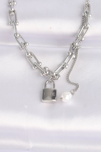 Angel Of Life 316L Steel Chain Silver Color Chain with Love Written Lock Neck...