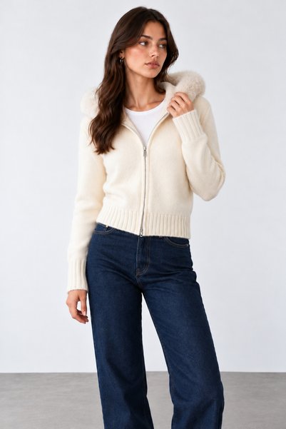 Lupies Women's Double Zipper Fur Hooded Cardigan