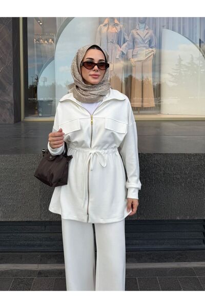 SS Design Drawstring Waist Zippered Oysho Fabric Double Set Ecru