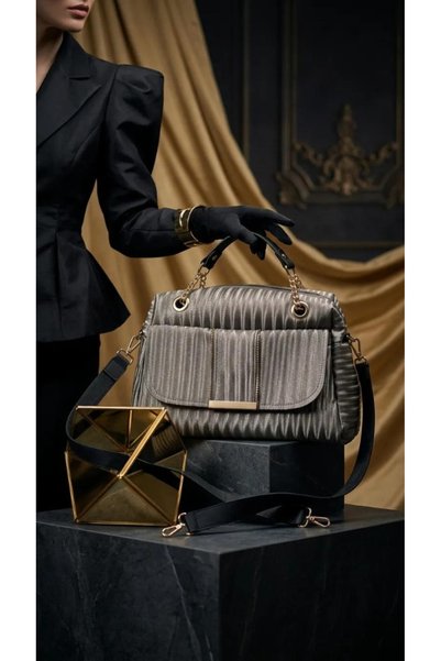 Angel Of Life Gray Self-Patterned Women's Bag with Gold Detail and Soft Textu...